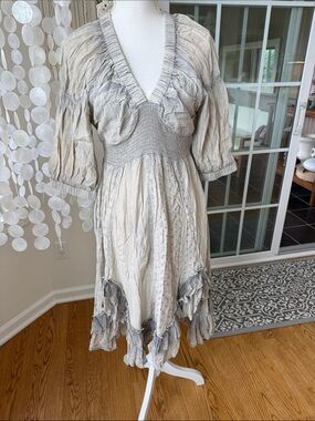 Young Threads Rayon Boho Ruffle V-Neck Dress in Ombre Light Gray
